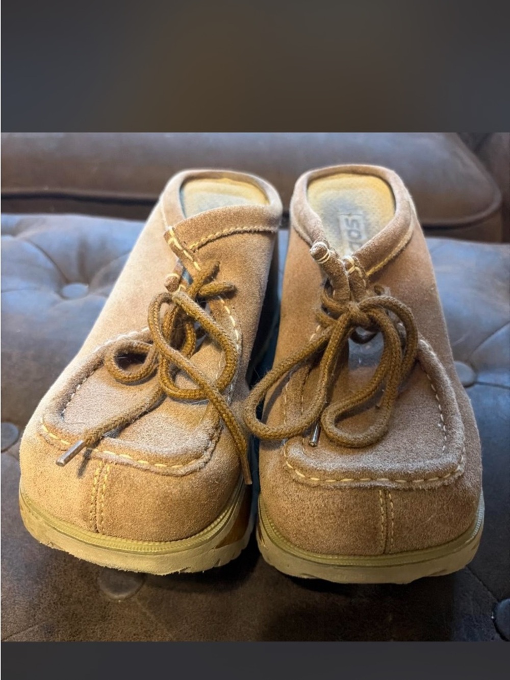 Y2K Soda Suede Tan wooden Mules lace ups
